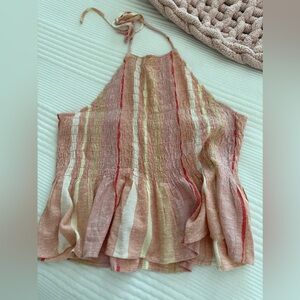 O'Neill Pink and White Smocked Halter Tank Top